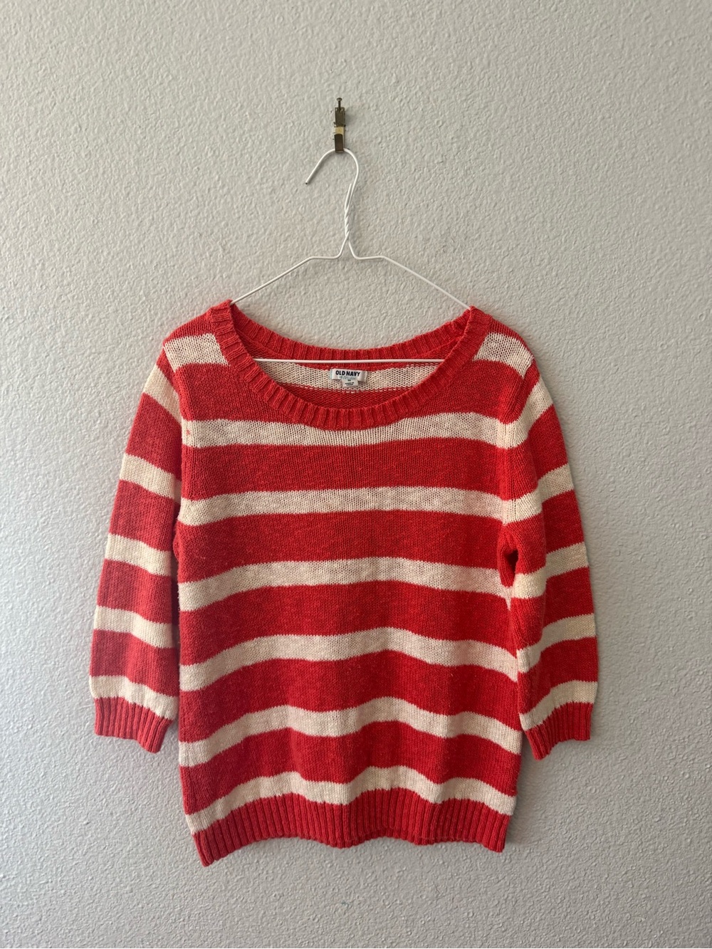 Coral and White Fitted Striped Sweater with Half sleeves